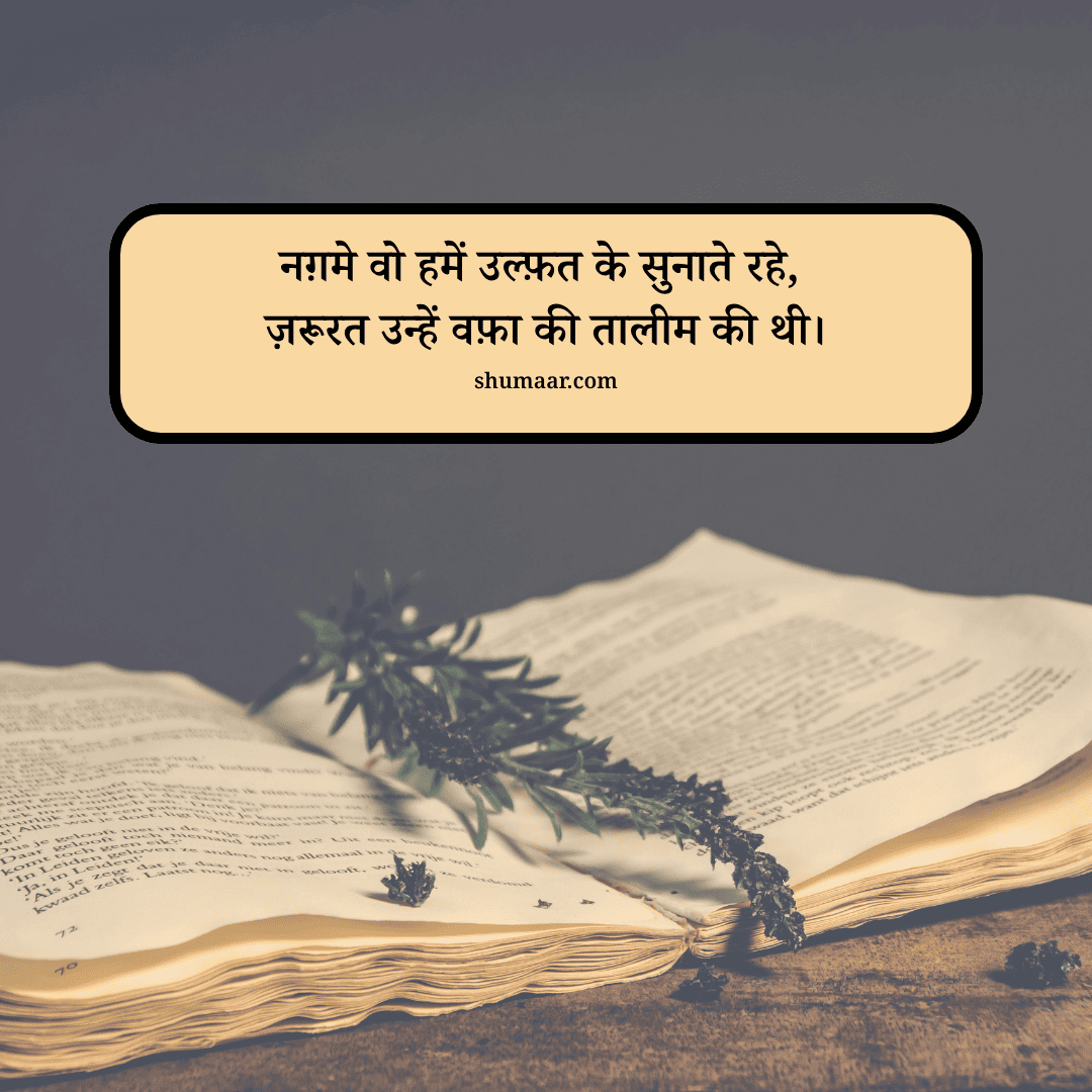 नग़मे वो हमें उल्फ़त के सुनाते रहे, ज़रूरत उन्हें वफ़ा की तालीम की थी। — mohabbat shayari hindi