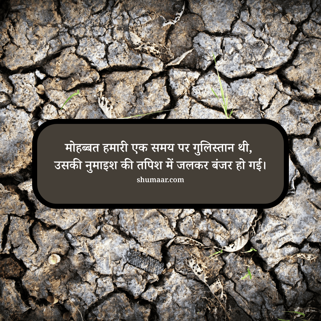 मोहब्बत हमारी एक समय पर गुलिस्तान थी, उसकी नुमाइश की तपिश में जलकर बंजर हो गई। — mohabbat shayari hindi